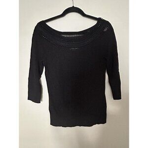 WHITE HOUSE BLACK MARKET Women Black Wide Collar 3/4 Sleeve Top Crochet Sweater